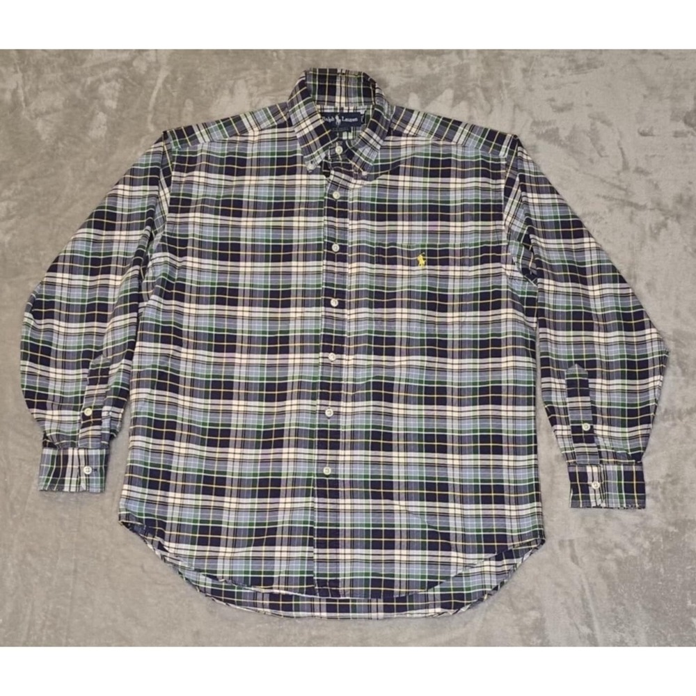 Ralph Lauren Big Shirt Mens Small Green‎ Blue Yellow Pony Logo Plaid Button Down